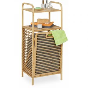 Relaxdays Meuble &agrave; linge, bac pliable, 2 surfaces de rangement, bambou et tissu, HLP env. 95x40x33 cm, nature et gris