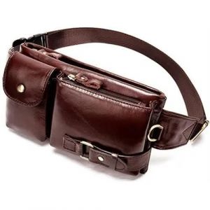 Sac banane homme en cuir de vachette - Rouge-Marron - Ceinture réglable - Fermeture zippée