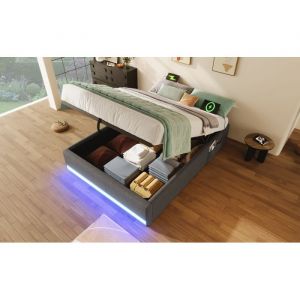 Lit coffre 90x200 cm en lin gris avec LED et ports USB/Type-C poches lat&eacute;rales &ndash; design sans t&ecirc;te