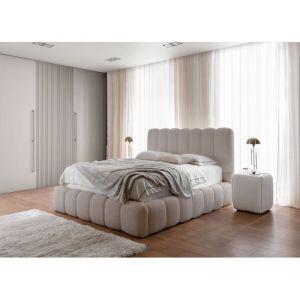Lit capitonné double 180x200 en bouclette beige clair