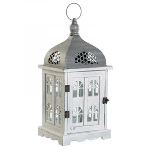 DKD Home Decor Lanterne Finition vieillie Blanc Gris Bois Verre 19 x 19 x 42 cm