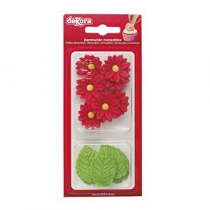 Dekora Boîte de 7 Marguerites Rouges et 5 Feuilles Vertes en Sucre - Figurines Comestibles pour Gâteaux - Décoration en Sucre pour Gâteaux d'Anniversaire