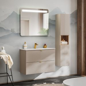 Ensemble meuble simple vasque encastrée 80cm miroir LED et colonne Manoa Cachemire et Bois