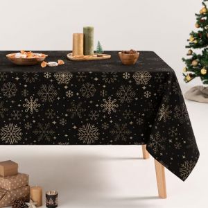 Nappe de No&euml;l en coton jacquard noir et or 140x300 cm