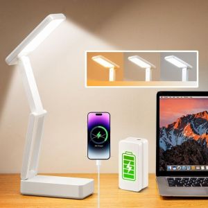 Lampe LED Rechargeable Sans Fil Pliable Portable Lampe de Table Pliable 6000mAh, 3 Couleurs Lumière Dimmable Pour Bureau et Chevet