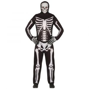 FIESTAS GUIRCA Déguisement Squelette Os Rattling pour Homme - Combinaison Noire avec Imprimé Squelette et Capuche - Costumes d'Halloween pour Hommes Taille Adulte M