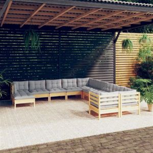 VidaXL Salon de jardin 11 pcs avec coussins gris bois de pin