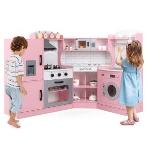 Cuisine Enfants XXL COSTWAY en Bois - 15 Accessoires Effet Lumi&egrave;re & Sonore Cadeaux Festifs Luxueux Rose