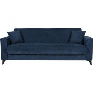 Canap&eacute; convertible 3 places - BERGAMO - Tissu bleu fonc&eacute; - 2 coussins - coffre de rangement - 230 x 85 x 89 cm