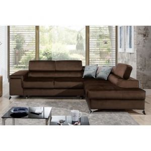 Canap&eacute; d'angle convertible - ERWAN - en tissu luxe 5 places, chocolat, angle droit (vu de face)