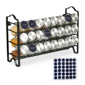 Image de Relaxdays Étagère à épices 24 pots support en inox avec étiquettes HxLxP : 255 x 385 x 125 cm argent/noir