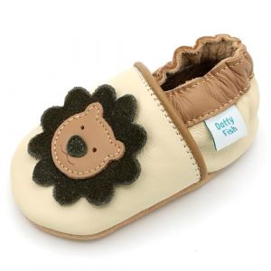 Dotty Fish Chaussures cuir souple bébé. Chaussures de poussette pour les filles et les garçons. Lion beige et marron. 18-24 Mois (23 EU)