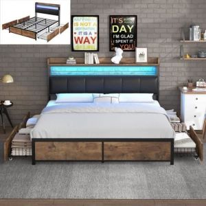 Lit coffre 140x200 cm Lit double 2 personnes Lit avec sommier &agrave; lattes et t&ecirc;te de lit LED avec 4 tiroirs, noir