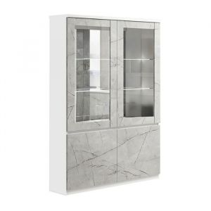 DEYTON - Vitrine 4 Portes Laqu&eacute;e Blanc et Gris Marbr&eacute; avec Leds