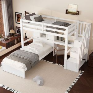 Lit superpos&eacute; 90 x 200 cm - Avec bureau int&eacute;gr&eacute;s - Compartiments de rangement et &eacute;tag&egrave;res - MDF - Blanc (matelas non inclus)