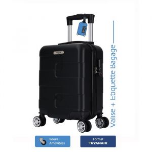 Valise cabine Ryanair 40x30x20 cm &ndash; ABS rigide l&eacute;ger &ndash; 4 roues double amovible &ndash; Noir - TROLLEY ADC &ndash; &Eacute;tiquette bagage offerte