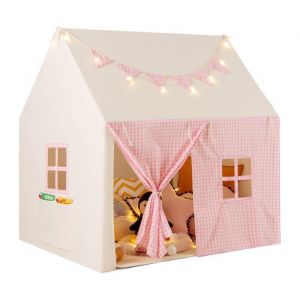 Tente de Jeux Enfant avec Guirlandes Lumineuses &Eacute;toiles & Drapeau, Cabane Enfant Interieure Style Princesse pour 3 Enfants de 3-8 Ans, Rose