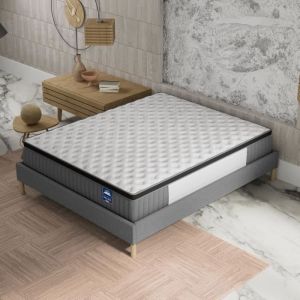 Ensemble matelas ressorts ensach&eacute;s + sommier 160x200cm, Matelas 30cm d&rsquo;&eacute;paisseur accueil m&eacute;moire de forme et sommier tissu gris