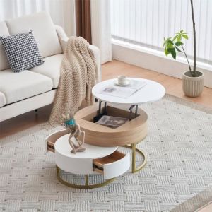 Lot de 2 table basse gigogne, grand table avec plateau relevable, petie table avec 2 tiroirs, MDF, blanc