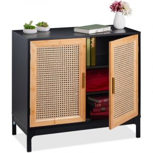 Relaxdays Meuble avec rotin tressé, HxLxP : 76x80x39 cm, Commode Salon, 2 Portes, MDF & Bambou, Noir - Nature