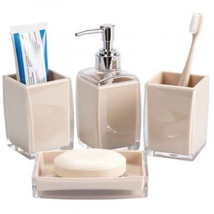 Avizar Set Accessoires Salle de Bain 4pcs Distributeur de Savon Gobelet et Porte-Savon Beige