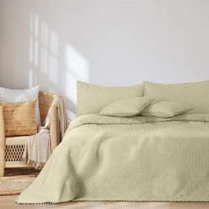AmeliaHome Couvre-lit Double Face avec Pompons - 200 x 220 cm - Matelassage ultrasonique - Polyester Meadore - Beige