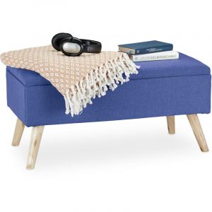 Relaxdays Banc de rangement, rembourré, pieds en bois, coffre avec revêtement en tissu 39,5 x 79,5 x 39 cm, bleu