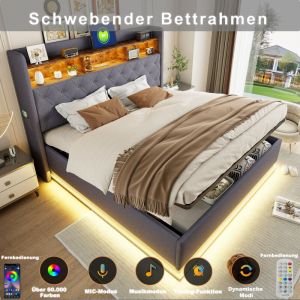 Lit coffre, lit double LED, USB, lin, sans matelas, lit adulte, gris, 180x200cm