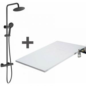 Image de Stano Pack Receveur de douche 70 x 90 cm extra plat blanc + Colonne de douche thermostatique noir mat