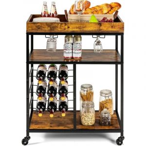 Desserte de Cuisine 71x45x93CM Chariot de Service Multi rangements &agrave; roulettes 3 Niveaux de Rangement et Casier &agrave; Vin