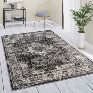 Paco Home - Tapis De Salon Poils Ras Ornements Marocain Avec Bordure Moderne Noir Gris 80x150 cm