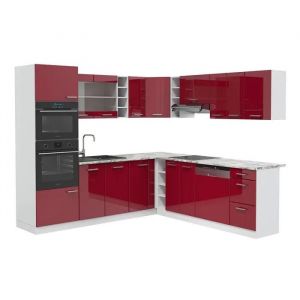 Cuisine en angle "R-Line" 247x237cm Blanc/Bordeaux rouge ultra-brillant avec Plan de travail Vicco