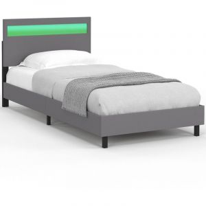 Idmarket Lit simple NEO avec t&ecirc;te de lit LED int&eacute;gr&eacute;es et sommier 90 x 190 cm PVC gris