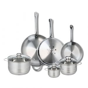 Elo 9886350 Batterie de cuisine 6 pièces, Ensemble de 3 Poêles de cuisson 24, 28 et 32 cm et 3 faitouts 12, 16 et 20 cm Profi Brillant, inox, induction