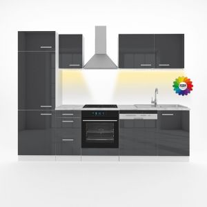 Cuisine Optima, 270cm Sans Plan De Travail Avec Bande Led, Anthracite Brillant/Blanc, Blanc, Vicco