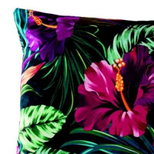 Deko and Co Coussin Hibiscus velours imprimé fleur verte et rose L.50 x l.30 x ep.3 cm Deco&Co