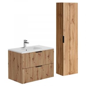 Meuble de salle de bain suspendu strié avec vasque à encastrer et colonne - Coloris naturel clair - 80 cm - ZEVARA