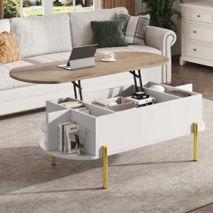 Table basse relevable 120x50x43 cm - Avec rangement - Pieds en métal - MDF - Blanc + Naturel