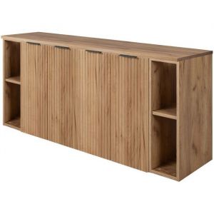 Furnidea - Meuble sous vasque suspendue FLOW CH&Ecirc;NE 160 cm avec 2 x l'&eacute;tag&egrave;res - extensions et plan - 4 portes - fa&ccedil;ades rainur&eacute;es