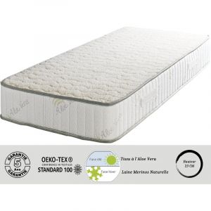 Literie Julien Matelas Super 140x190 x 23 cm + Oreiller Visco Très Ferme Face Hiver Pure Laine Merinos Noyau Poli Lattex HR Derni