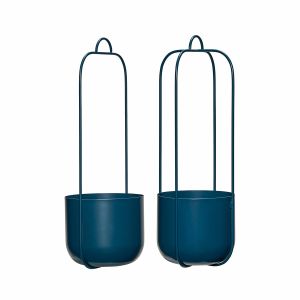 2 Pots suspendus ronds en fer bleu pétrole 16x44 cm Lotus - Hübsch