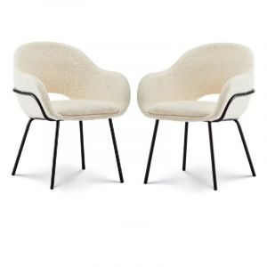 Kosmi Lot de 2 chaises en tissu beige ANDREA aspect bouclette et accoudoirs