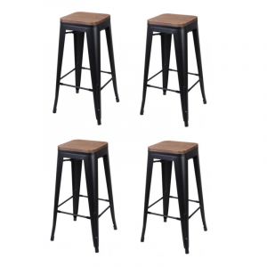 Urban living Lot de 4 tabourets en métal et bois "Liv" - Noir - L 42,5 x P 42,5 x H 77 cm