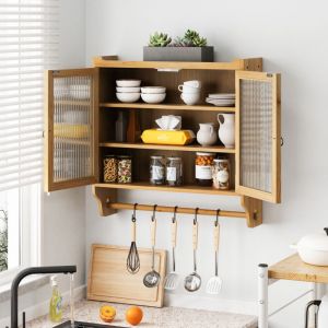 Hauss Spole - Meuble Mural Salle de bain/cuisine Meuble Suspendu Armoire de Toilette de Rangement 63x18x60cm - avec porte-serviettes, Bois Claire