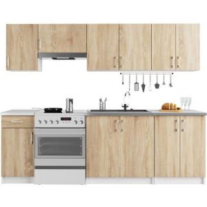 Akord - Ensemble De Cuisine lima Blanche 240 cm 11 portes 1 tiroir fa&ccedil;ade Ch&ecirc;ne Sonoma 240x44,5x203 cm