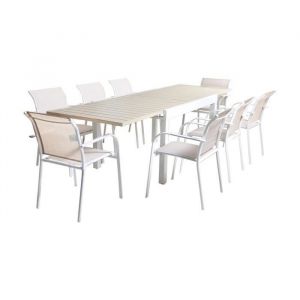 Table de jardin extensible, 8 fauteuils, aluminium et textil&egrave;ne, blanc