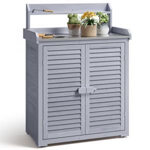 Table de Rempotage Bealife Armoire de Jardin Rangement Extérieur Bois Sapin Table Jardinage Plateau Métal 2 Portes 3 Étagères Gris