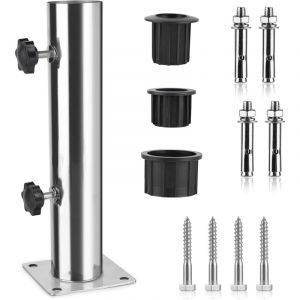 Tube Parasol, Pied de Parasol, Support Parasol en Acier Inoxydable Réglable avec 3 Anneaux de Réduction en pvc (32/38/48mm), Pied pour Parasol avec 8