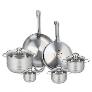 Elo 9884050 Batterie de cuisine 6 pièces, Ensemble de 2 Poêles de cuisson 28 et 32 cm et 4 faitouts 12, 14, 16 et 24 cm Profi Brillant, inox, induction