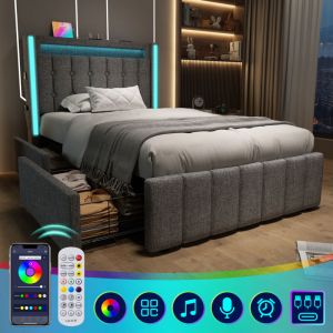 Hauss Spole - Lit adulte rembourré 90x200cm, usb Type c + led, lit simple avec 2 tiroirs, lin, gris, sans matelas
